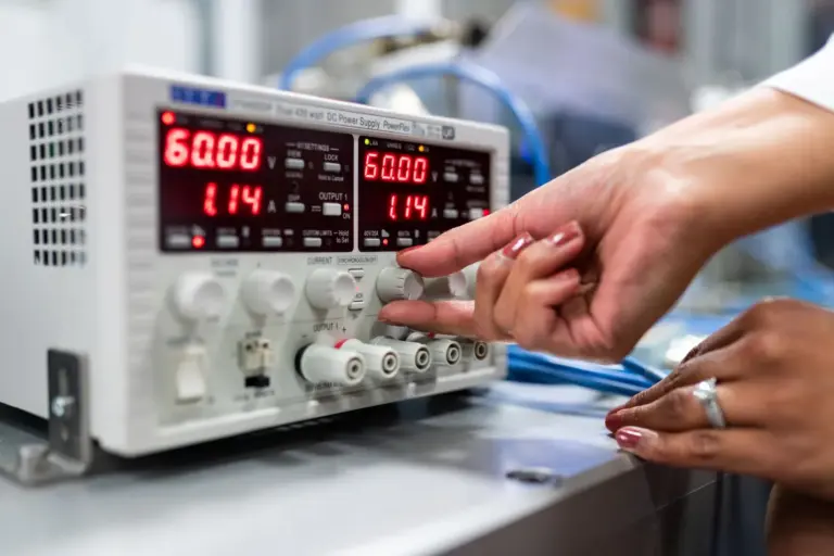 Hände stellen ein Labornetzgerät ein