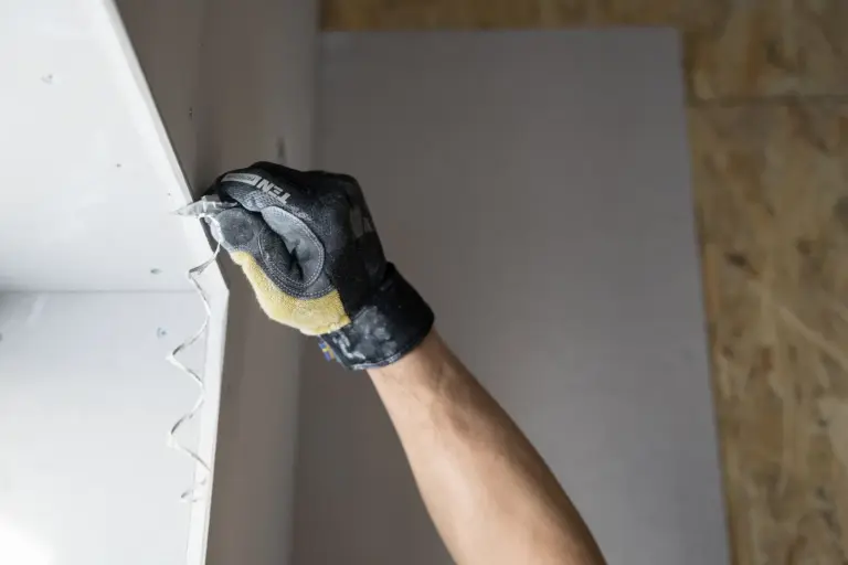 Hand im Handschuh verputzt eine Innenwand